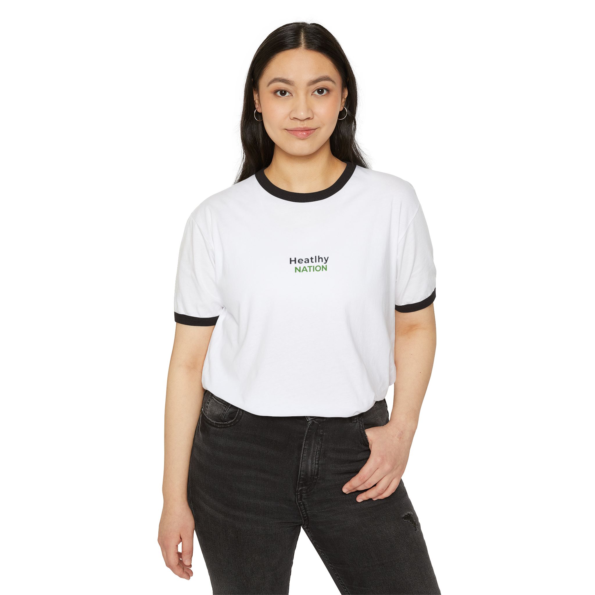 HeatlhyNation Ringer T-Shirt — Vintage Cream Tee with Leaf H Logo - Image 18