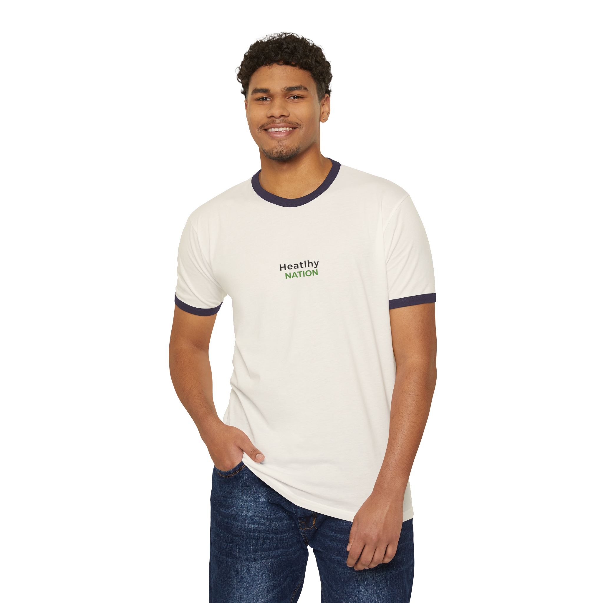 HeatlhyNation Ringer T-Shirt — Vintage Cream Tee with Leaf H Logo - Image 5