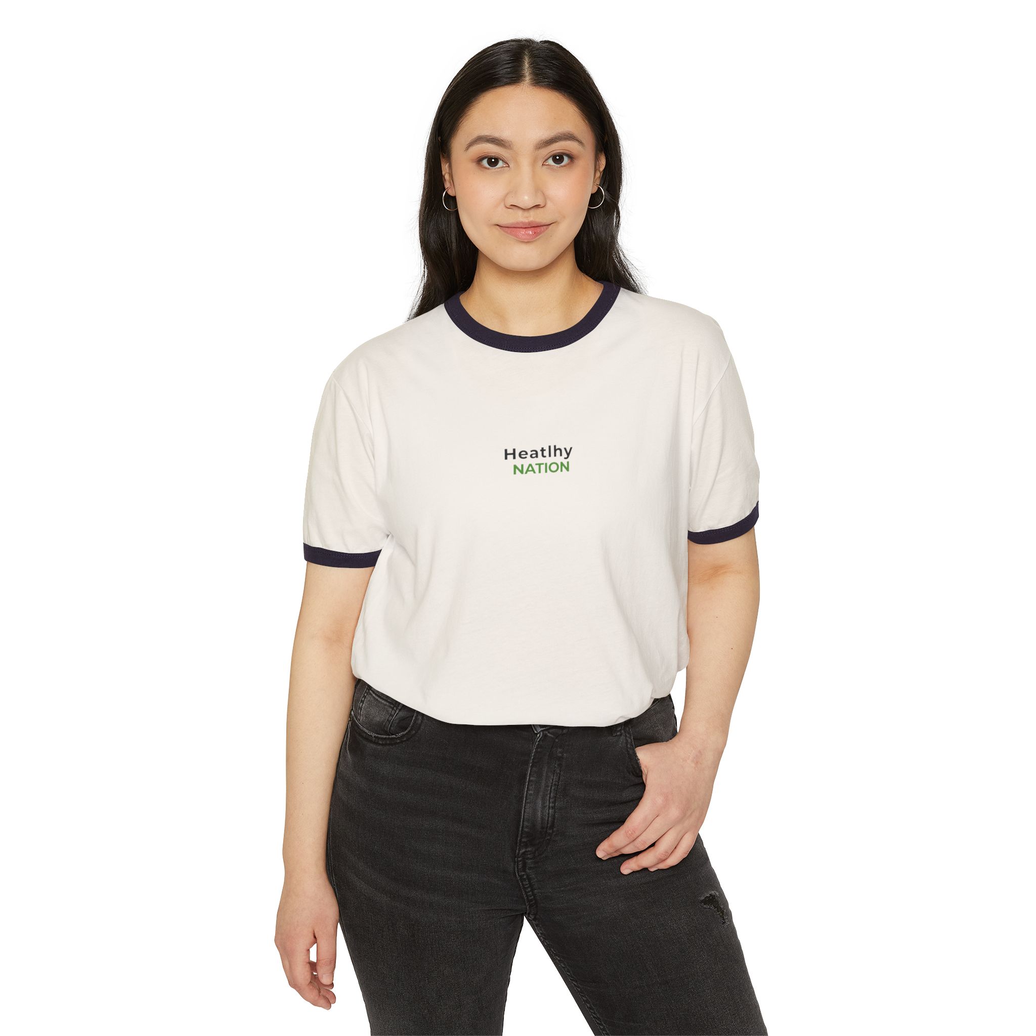 HeatlhyNation Ringer T-Shirt — Vintage Cream Tee with Leaf H Logo - Image 3