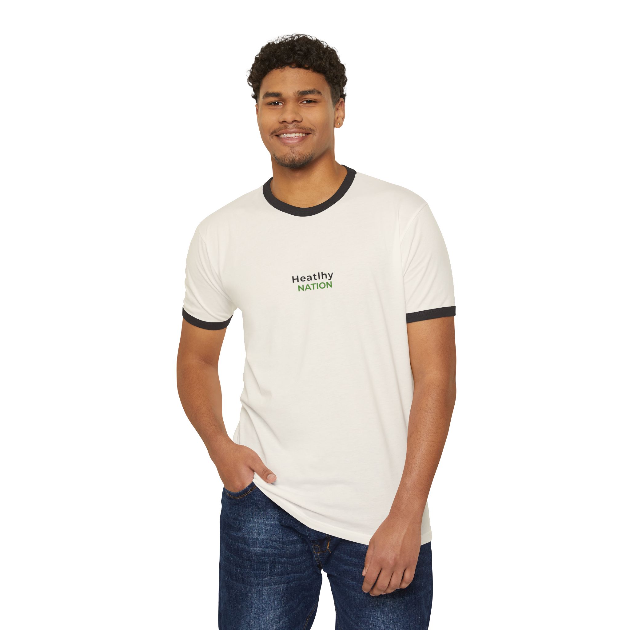 HeatlhyNation Ringer T-Shirt — Vintage Cream Tee with Leaf H Logo - Image 15