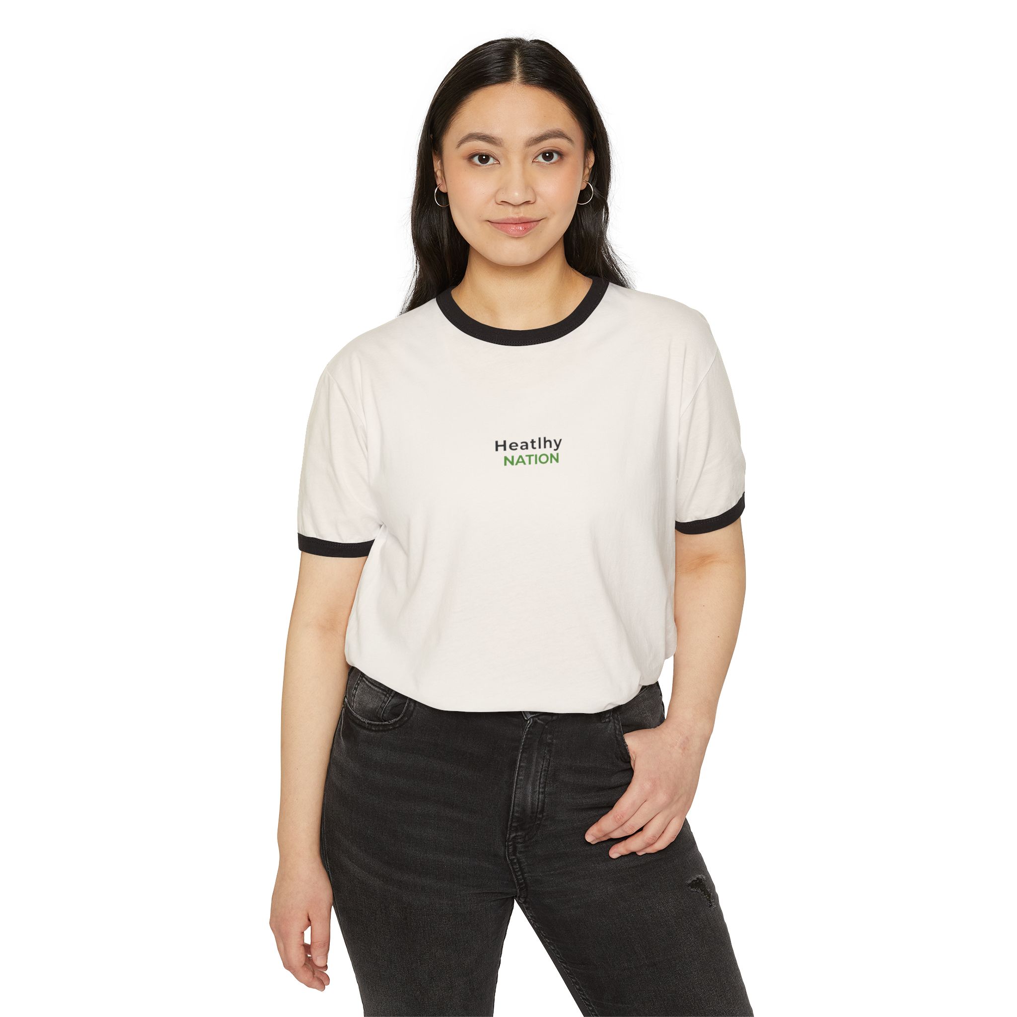 HeatlhyNation Ringer T-Shirt — Vintage Cream Tee with Leaf H Logo - Image 13