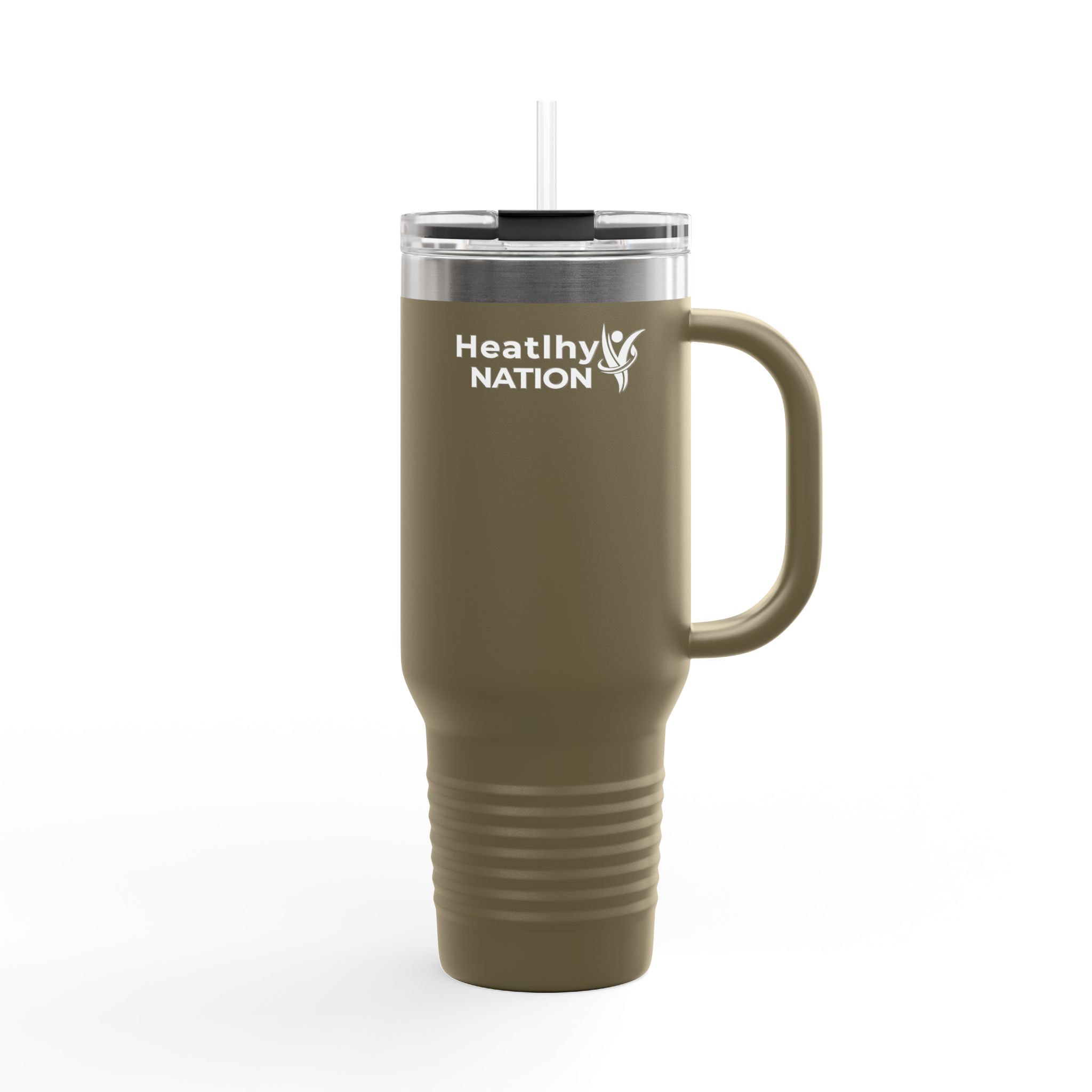 40oz Insulated Travel Mug – HeatlhyNation Logo Stainless Tumbler with Straw & Handle